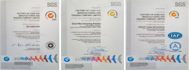Chứng nhận ISO22000, GMP, HACCP của nhà máy sản xuất